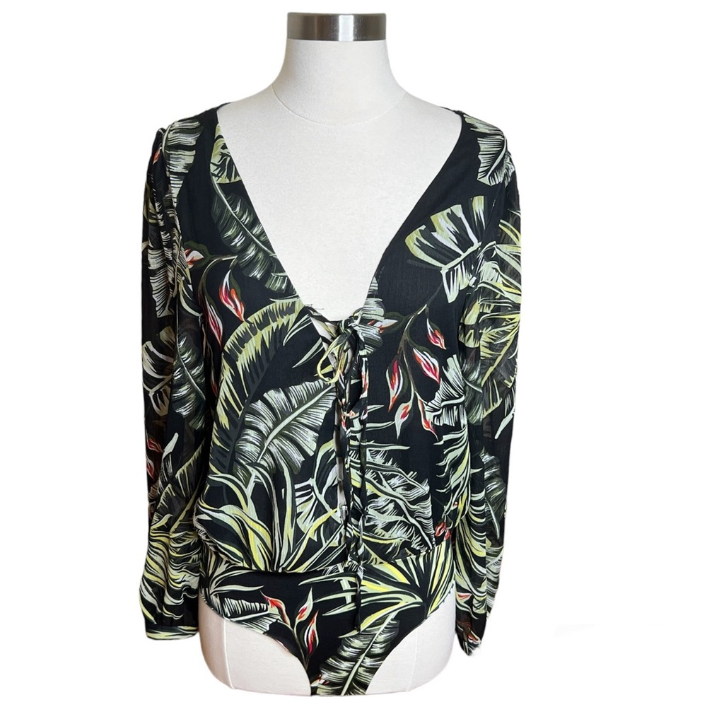 3/$30 Zara Black Green Tropical Long Sheer Sleeve Bodysuit Lace Up Medium